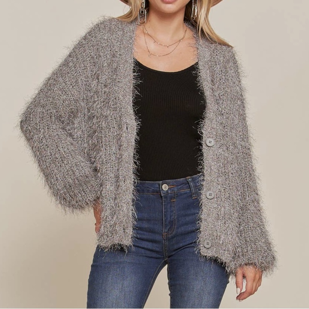 Fuzzy Grey Shaggy Baggy Cardigan Button Front